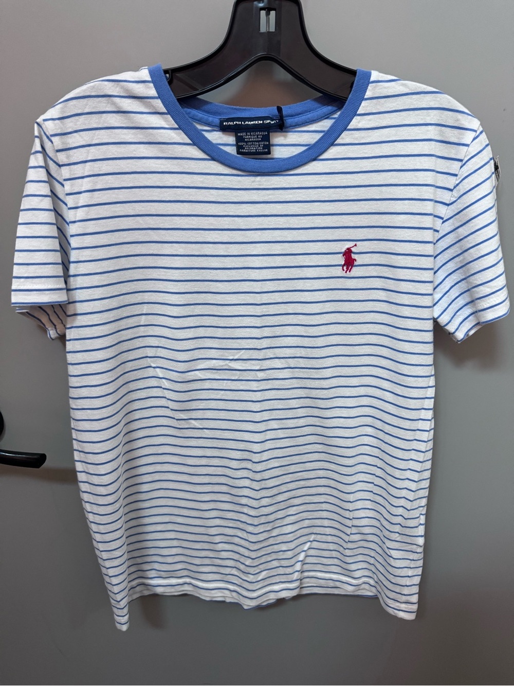 Ralph Lauren Sport White Tee with Blue Stripes and Red Pony Logo